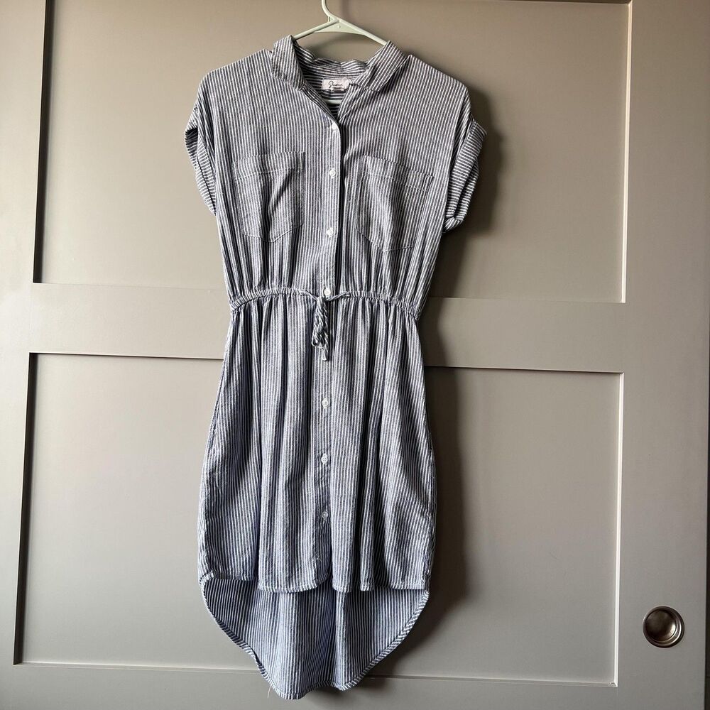 Japna Dress Womens Small Blue White Striped Button Front Pocket High Low‎ Hem